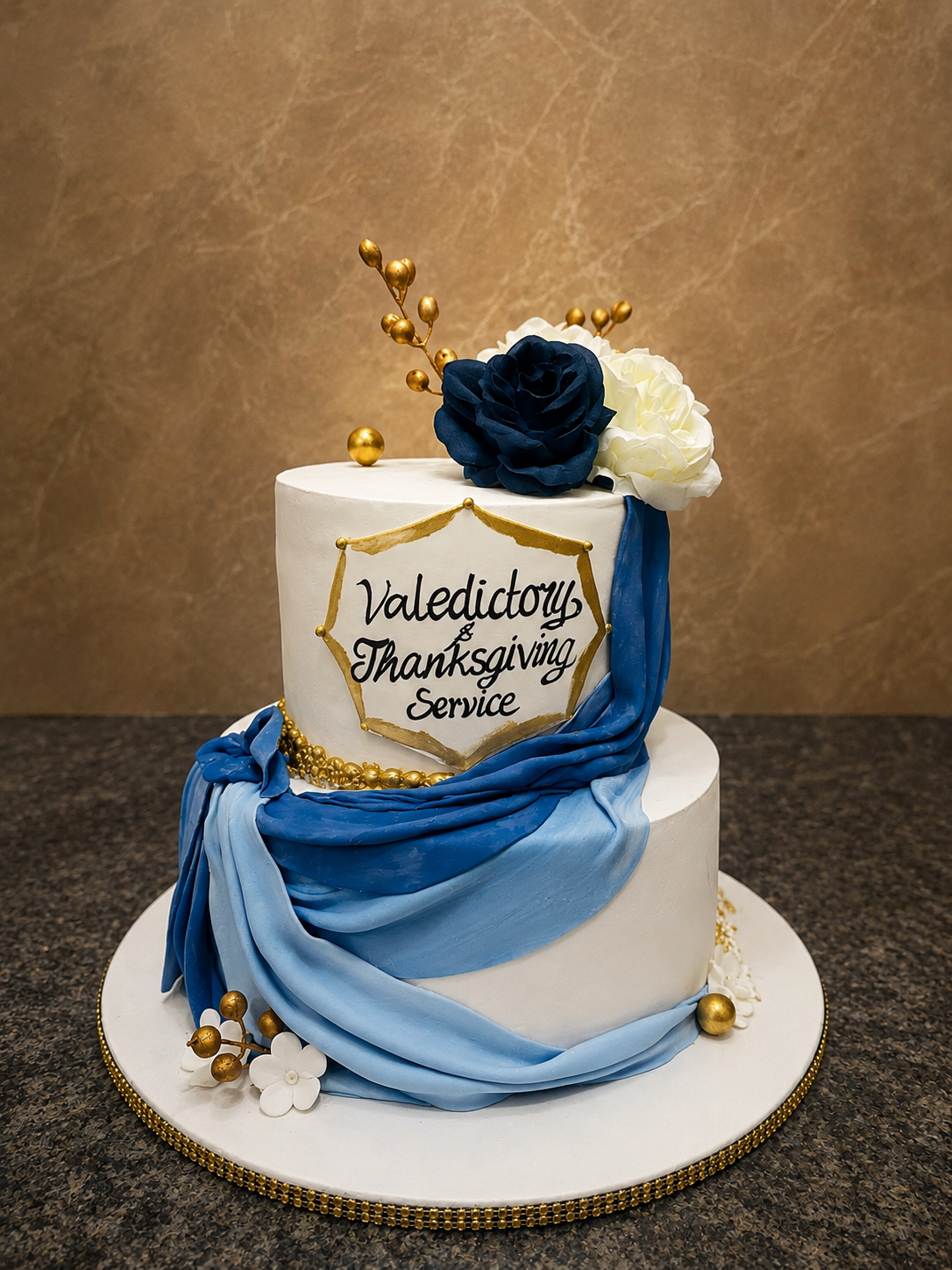 Two-tier white and blue valedictory graduation cake with fondant fabric drape and navy roses by Cakes by Teez in Abuja