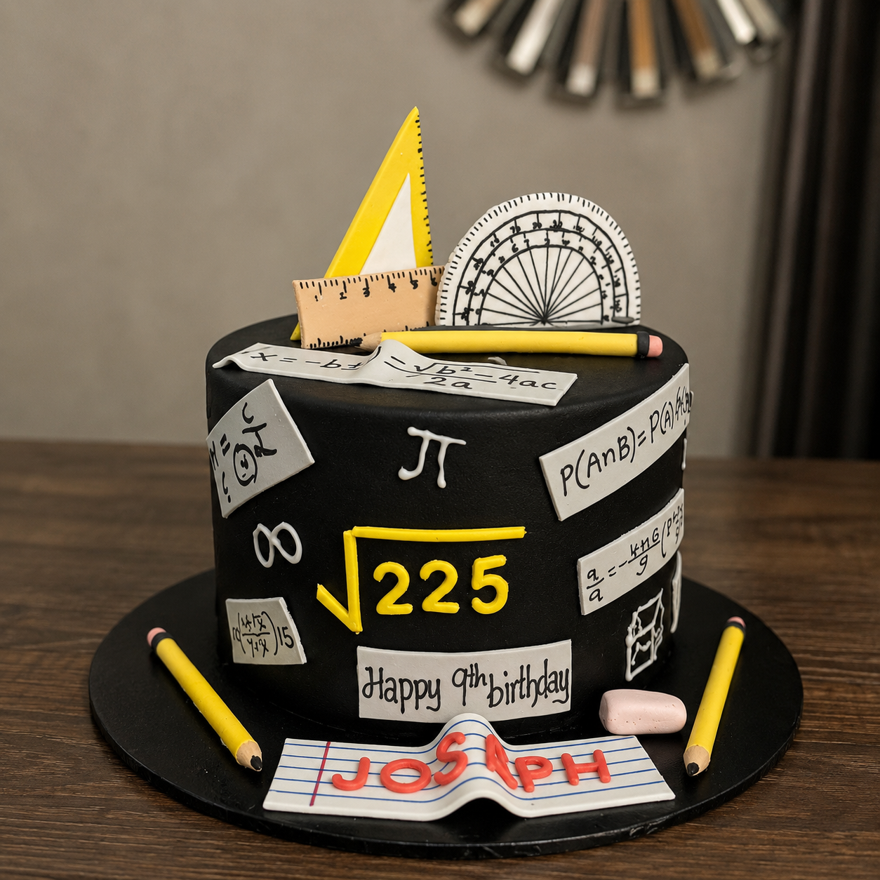 Math Themed Birthday Cake Black fondant chalkboard style birthday cake with fondant maths equations, a ruler, protractor, and pencils by Cakes by Teez in Abuja