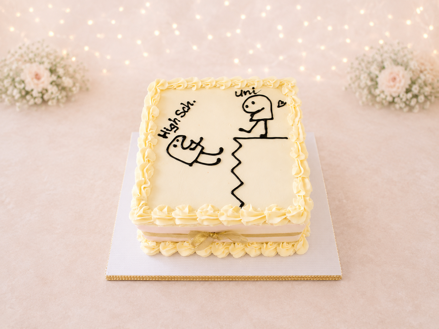 Minimalist square buttercream cake with custom cartoon stick figure illustration for a graduation celebration by Cakes by Teez in Abuja